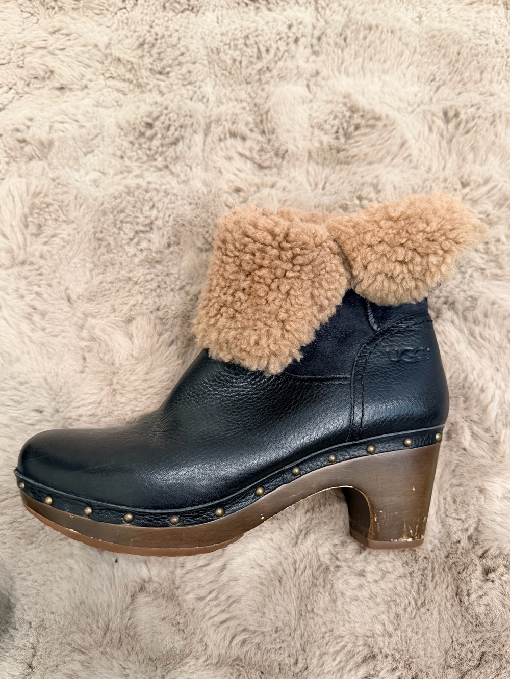 UGG Black Leather Convertible Style Shearling Clog Heel with Tan Fur Cuff